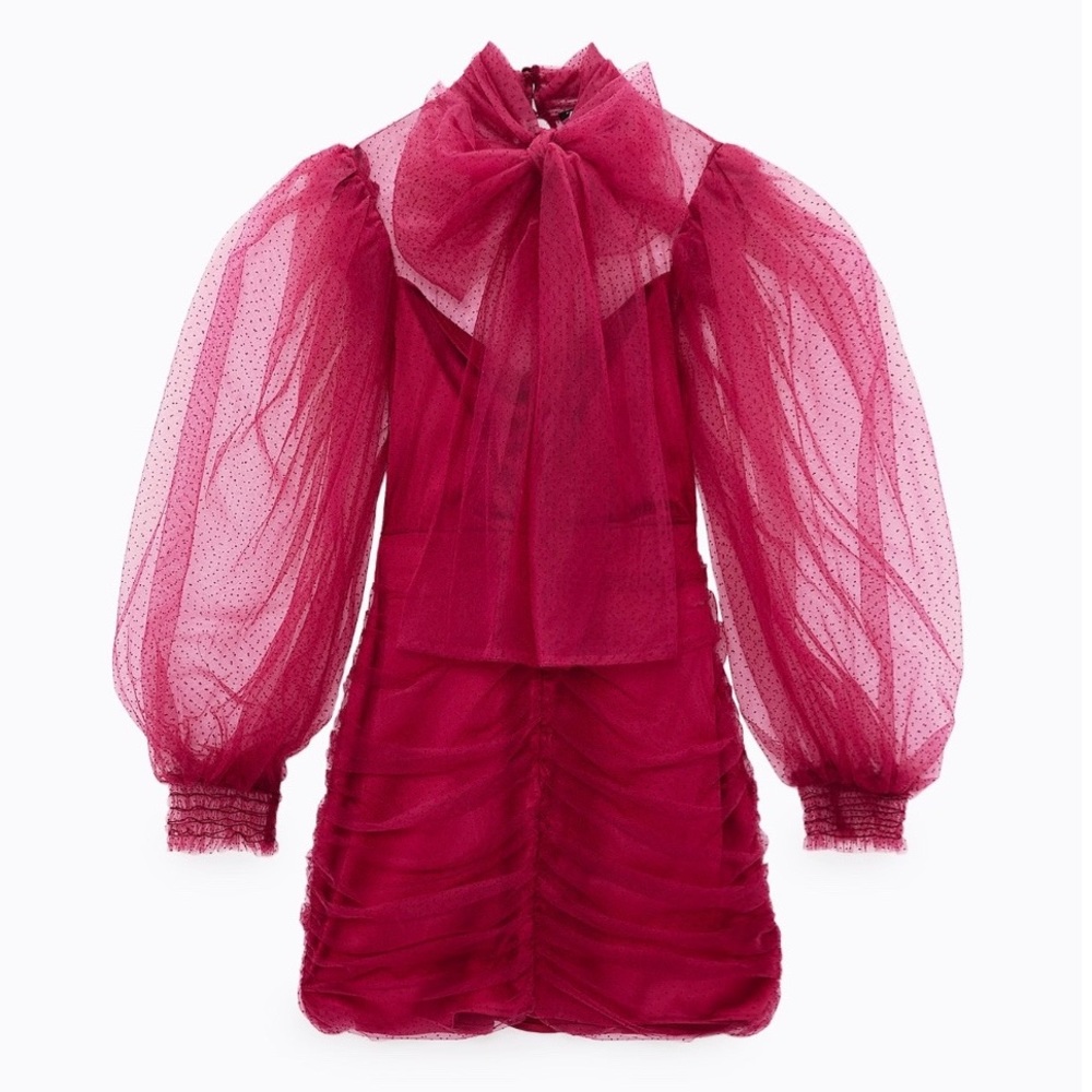 ZARA Tulle Swiss Dot Puff Sleeve Ruche Mini Dress Valentines Day Stunner 💋 - Picture 5 of 9